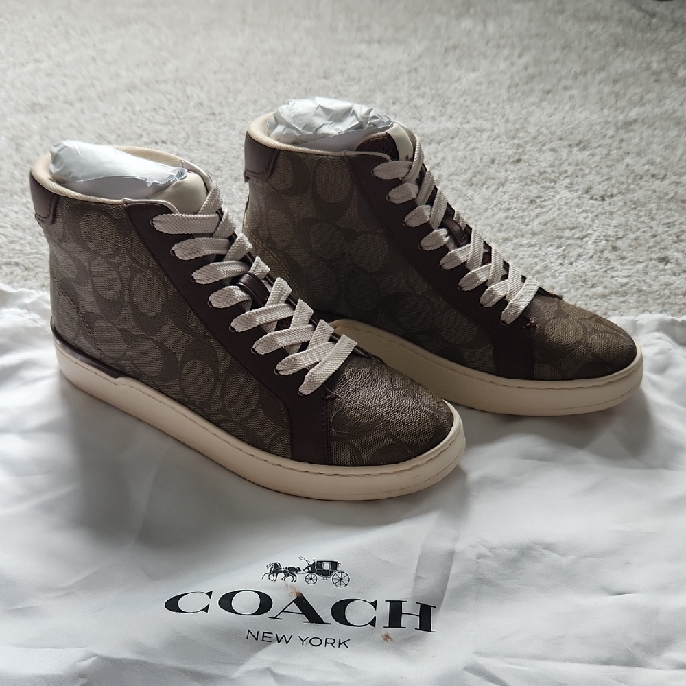 Coach Signature High-Top Sneakers in Brown and Cream